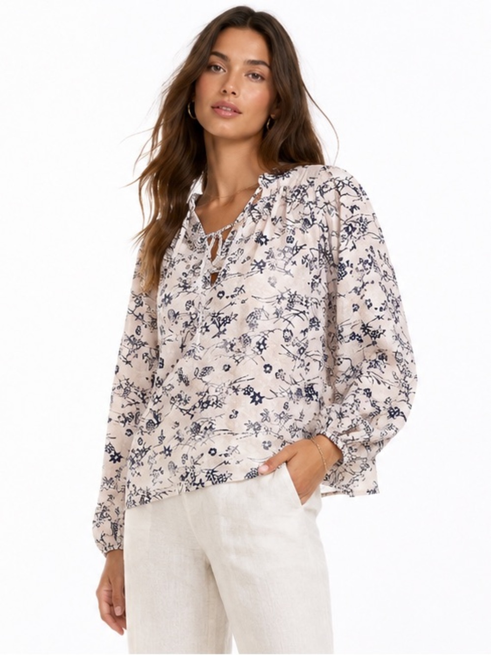 MARIACHER Cotton Silk Voile Floral Blouse XS Boho Puff Sleeve Top
